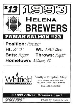 1993 Sport Pro Helena Brewers #13 Fabian Salmon Back