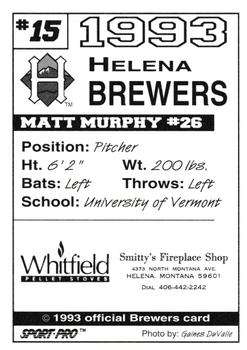 1993 Sport Pro Helena Brewers #15 Matt Murphy Back