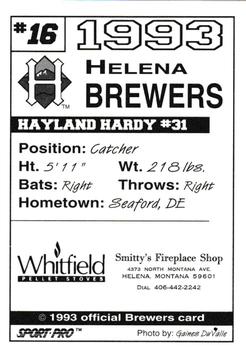 1993 Sport Pro Helena Brewers #16 Hayland Hardy Back