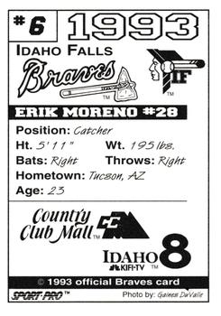 1993 Sport Pro Idaho Falls Braves #6 Erik Moreno Back
