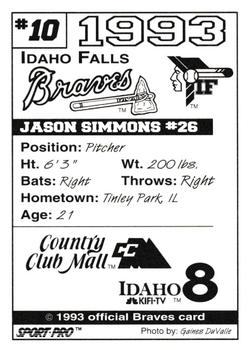 1993 Sport Pro Idaho Falls Braves #10 Jason Simmons Back