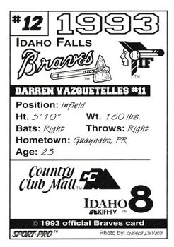 1993 Sport Pro Idaho Falls Braves #12 Darren Vazquetelles Back