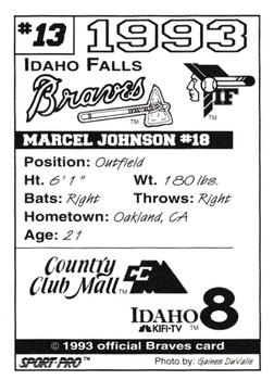 1993 Sport Pro Idaho Falls Braves #13 Marcel Johnson Back