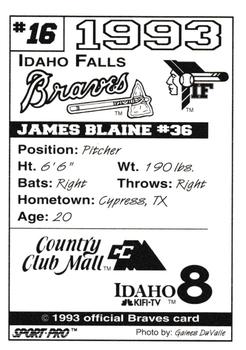 1993 Sport Pro Idaho Falls Braves #16 James Blaine Back