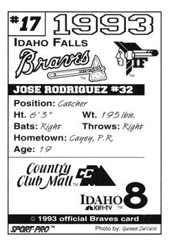 1993 Sport Pro Idaho Falls Braves #17 Jose Rodriquez Back