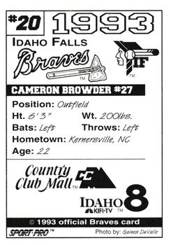 1993 Sport Pro Idaho Falls Braves #20 Cameron Browder Back