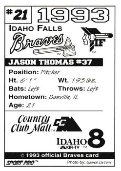 1993 Sport Pro Idaho Falls Braves #21 Jason Thomas Back