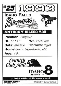 1993 Sport Pro Idaho Falls Braves #25 Anthony Dileso Back