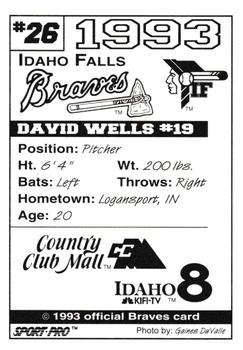 1993 Sport Pro Idaho Falls Braves #26 David Wells Back