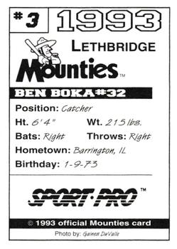 1993 Sport Pro Lethbridge Mounties #3 Ben Boka Back