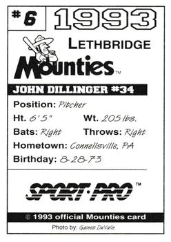 1993 Sport Pro Lethbridge Mounties #6 John Dillinger Back