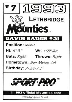1993 Sport Pro Lethbridge Mounties #7 Gavin Baugh Back