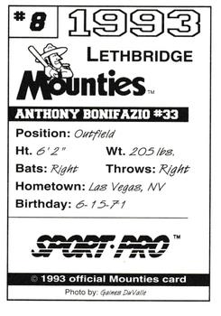 1993 Sport Pro Lethbridge Mounties #8 Anthony Bonifazio Back