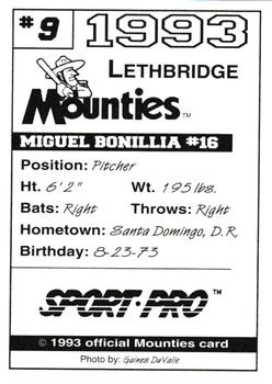 1993 Sport Pro Lethbridge Mounties #9 Miguel Bonilla Back