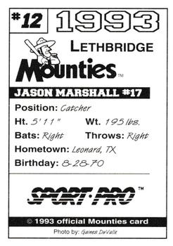 1993 Sport Pro Lethbridge Mounties #12 Jason Marshall Back
