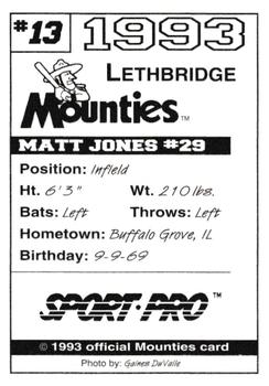 1993 Sport Pro Lethbridge Mounties #13 Matt Jones Back