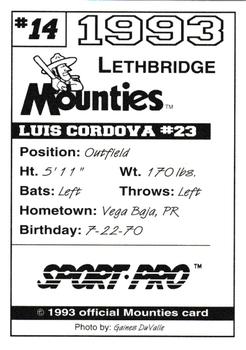 1993 Sport Pro Lethbridge Mounties #14 Luis Cordova Back
