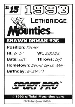 1993 Sport Pro Lethbridge Mounties #15 Shawn Ohman Back