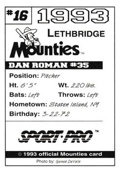 1993 Sport Pro Lethbridge Mounties #16 Dan Roman Back