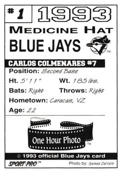 1993 Sport Pro Medicine Hat Blue Jays #1 Carlos Colmenares Back