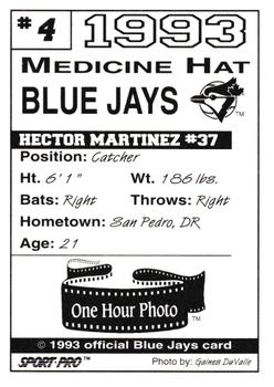 1993 Sport Pro Medicine Hat Blue Jays #4 Hector Martinez Back