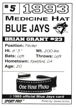 1993 Sport Pro Medicine Hat Blue Jays #5 Brian Grant Back
