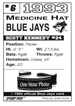 1993 Sport Pro Medicine Hat Blue Jays #6 Scott Kennedy Back