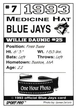 1993 Sport Pro Medicine Hat Blue Jays #7 Willie Daunic Back