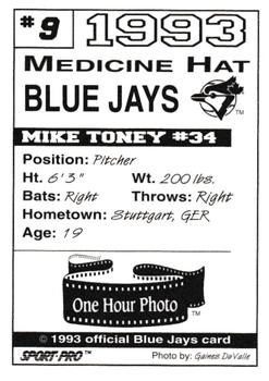 1993 Sport Pro Medicine Hat Blue Jays #9 Mike Toney Back