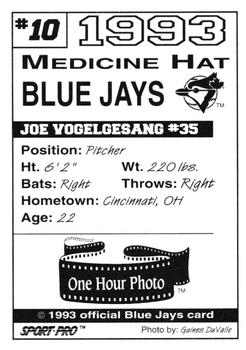 1993 Sport Pro Medicine Hat Blue Jays #10 Joe Vogelgesang Back