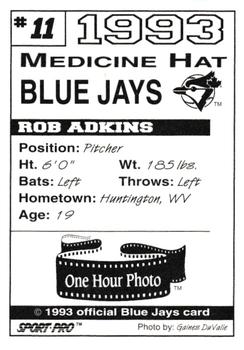 1993 Sport Pro Medicine Hat Blue Jays #11 Rob Adkins Back
