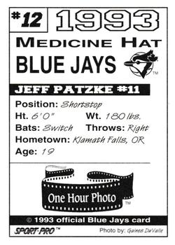1993 Sport Pro Medicine Hat Blue Jays #12 Jeff Patzke Back