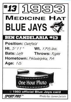 1993 Sport Pro Medicine Hat Blue Jays #13 Ben Candelaria Back