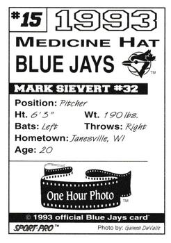1993 Sport Pro Medicine Hat Blue Jays #15 Mark Sievert Back