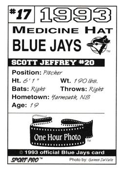 1993 Sport Pro Medicine Hat Blue Jays #17 Scott Jeffery Back