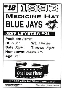 1993 Sport Pro Medicine Hat Blue Jays #18 Jeff Leystra Back