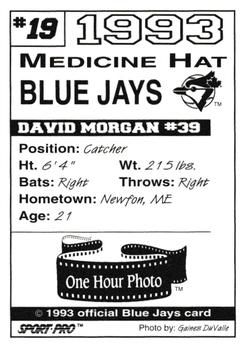 1993 Sport Pro Medicine Hat Blue Jays #19 David Morgan Back