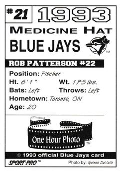 1993 Sport Pro Medicine Hat Blue Jays #21 Rob Patterson Back