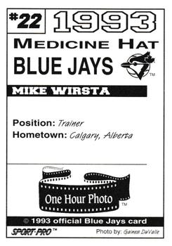 1993 Sport Pro Medicine Hat Blue Jays #22 Mike Wirsta Back