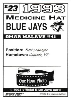 1993 Sport Pro Medicine Hat Blue Jays #23 Omar Malave Back