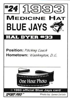 1993 Sport Pro Medicine Hat Blue Jays #24 Hal Dyer Back