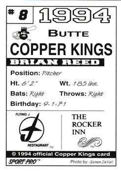 1994 Sport Pro Butte Copper Kings #8 Brian Reed Back