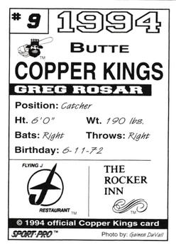 1994 Sport Pro Butte Copper Kings #9 Greg Rosar Back