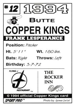 1994 Sport Pro Butte Copper Kings #12 Frank Lesperance Back