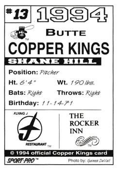 1994 Sport Pro Butte Copper Kings #13 Shane Hill Back