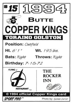 1994 Sport Pro Butte Copper Kings #15 Toraino Golston Back
