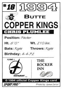 1994 Sport Pro Butte Copper Kings #18 Chris Plumlee Back