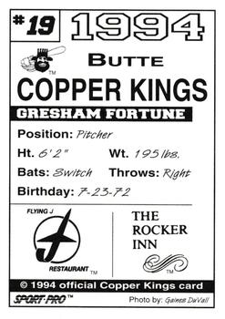 1994 Sport Pro Butte Copper Kings #19 Gresham Fortune Back