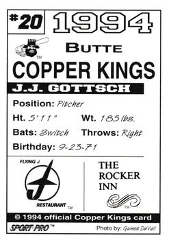 1994 Sport Pro Butte Copper Kings #20 J.J. Gottsch Back