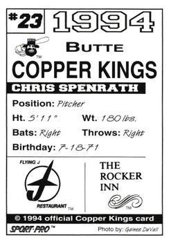 1994 Sport Pro Butte Copper Kings #23 Chris Spenrath Back